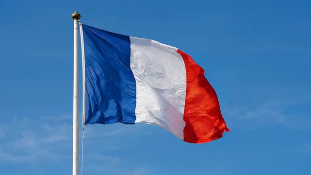French Tricolor Flag Waving Gracefully Against a Clear Blue Sky