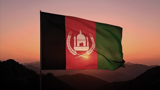 Afghanistan flag waving against mountain range at golden hour sunset sky display. National symbol of Afghanistan fluttering freely with vibrant colors of black, red, and green against dramatic backdro