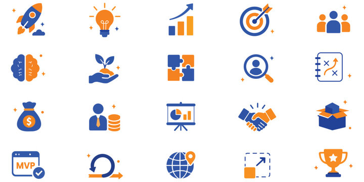 Startup Icons Set: A collection of modern, flat design icons representing various aspects of startup growth and business strategy, from ideation to execution.
