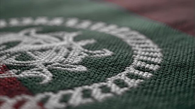 Close-up detail of flag of Afghanistan, a national symbol of country, showing rich fabric texture and embroidered emblem, with vibrant colors of black, red, and green stripes.