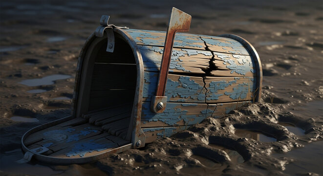 Old blue mailbox lying open on wet sandy beach with rusty hinge and worn paint