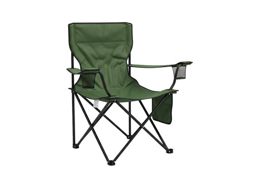 Green folding camping chair isolated on transparent background