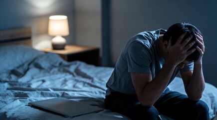 Fototapeta premium Depressed man holding head while sitting on messy bed, nighttime scene
