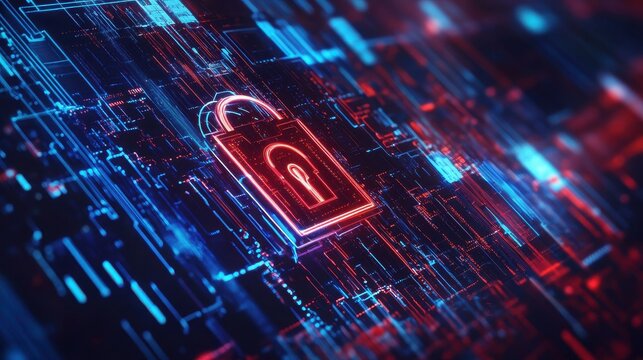 A digital padlock icon pulses with a stark red glow, set against a complex matrix of glowing blue and red lines, representing an alert or breach in digital security systems.