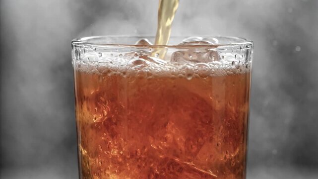 Refreshing amber carbonated beverage stream pours into clear glass tumbler filled with ice cubes, liquid splashing creating foamy top, close up detail of drink.