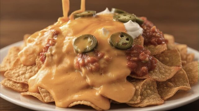 Golden tortilla chips piled high, covered with melting cheese sauce, vibrant salsa, creamy sour cream, and spicy jalape&ntilde;o slices, forming a classic dish of nachos