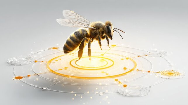 A macro shot of a bee perched on a glowing golden circle with radiating lines and scattered droplets of nectar, representing innovation and production