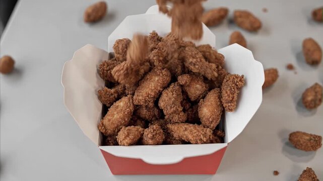 crispy golden fried chicken popcorn pieces pouring rapidly into open red and white take-out food container box on clean white background