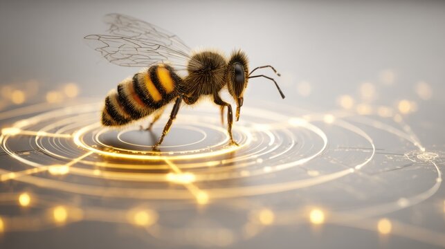 A bee with its wings spread, landing on a glowing, circular network of interconnected lines, representing technology and data.