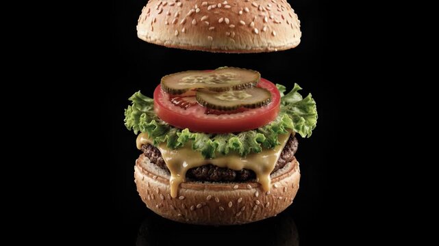Process of burger assembly showing individual ingredients like grilled beef patty, melted cheese, fresh lettuce, tomato slice, and pickles layering on sesame seed bun against black background