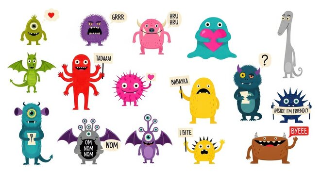 Set of Cute and Funny Cartoon Monsters Vector Illustrations for Stickers, Emoticons, and Children's Design Projects