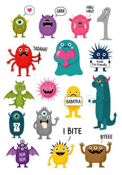 Set of Colorful Cartoon Monsters and Cute Creatures with Speech Bubbles and Signs for Kids Illustration and Graphic Design