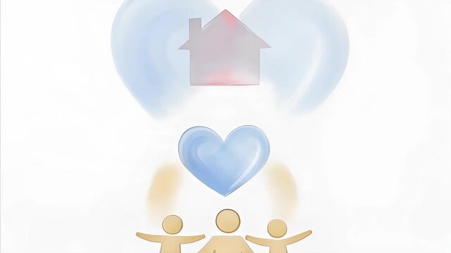 Abstract conceptual representation of home, love, and family. Pink house icon, blue heart icon, and orange human figures symbolizing family unit illustrate core values of domestic life.