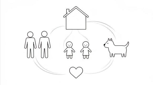 Family unit evolution animation showing relationship network. Parents, children, pet dog, and home represented by line drawing icons, illustrating growth of family and emotional bond.