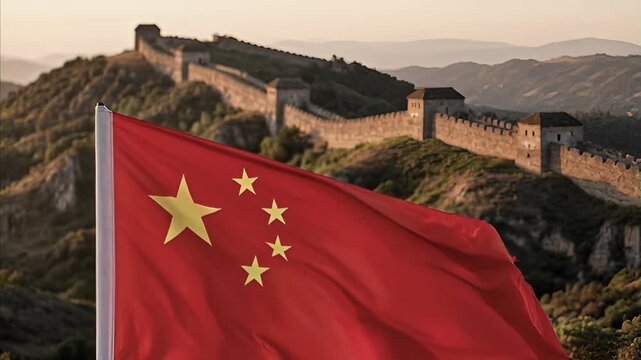Chinese flag waving against backdrop of Great Wall of China at sunset, showcasing ancient fortification winding through rugged mountainous terrain with warm golden light