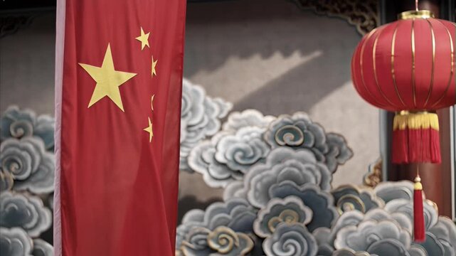 Flag of China waving gently, displaying its iconic red fabric and five yellow stars, set against backdrop of traditional Chinese lantern and wall decoration with intricate cloud motifs.