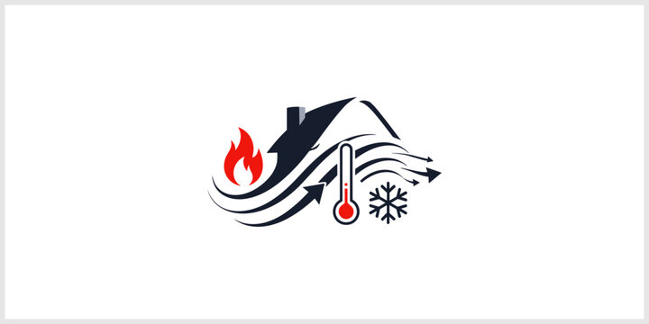 Home Heating And Cooling System Logo With Thermometer And Weather Icons