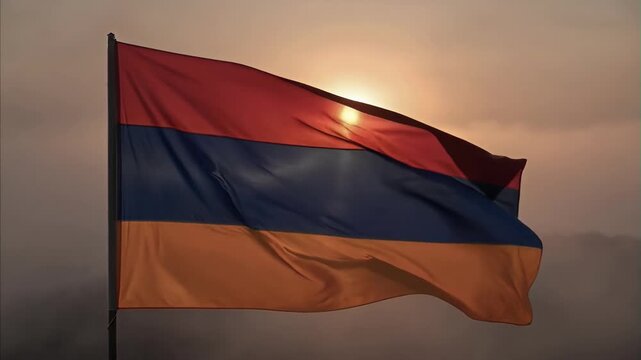 Armenian flag waving proudly on flag pole against a radiant sunset sky, warm light highlighting vibrant fabric, symbolizing national identity, patriotism, and freedom.