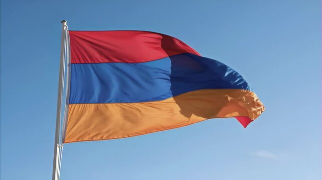 Flag of Armenia waving in wind under bright blue sky, symbol of nation identity and patriotism, vibrant colors red blue orange representing country heritage and freedom
