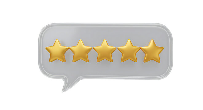 3d icon of five golden star rating in a speech bubble isolated on transparent background