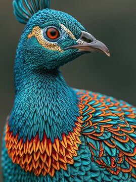 Portrait of a colorful peacock bird with detailed vibrant blue and orange plumage. Majestic wild creature showing iridescent feather pattern. Beauty of nature and wildlife photography.