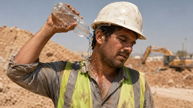 Construction worker cooling down with water during extreme heat