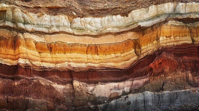 Close-up view of stratified rock layers exhibiting a rich palette of earthy tones including deep reds, warm oranges, and creamy whites, highlighting intricate geological textures.