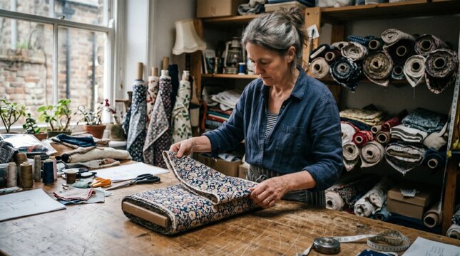 Seamstress working with floral fabric rolls in a cozy creative textile studio workshop with natural bright light, measuring materials for a custom sewing project design on a wooden craft table.
