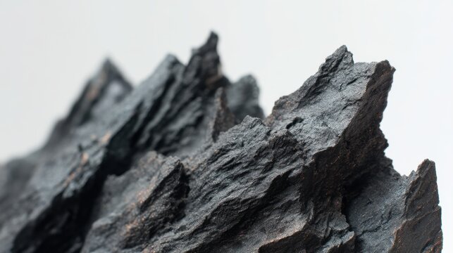 Black mineral stone with sharp jagged edges. Natural rock texture with rugged surface. Geological formation close up macro view. Abstract earth element for design and decor background.