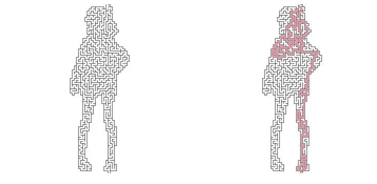 Cute anime girl shaped maze with solution. Black and white vector labyrinth, fun character logic puzzle game