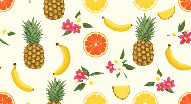 Vibrant seamless tropical fruit pattern showing pineapples, bananas, grapefruit slices, lemons, and pink flowers on a cream backdrop.