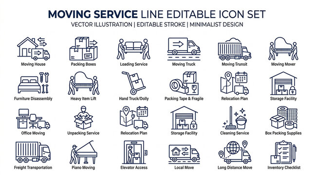 Moving Service line editable icon set. Contain icons relaed to Moving house services, packing, loaders, office moving, freight transportation, and more. Editable stroke. Vector illustration