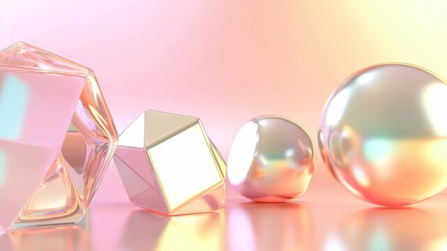 Shapes made of glass and metal sit on a flat surface. They create reflections and colors as light shines on them. The arrangement shows a mix of forms and surfaces