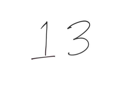 Number thirteen handwritten in blue on a line