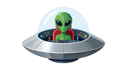 Green alien piloting a flying saucer vector illustration on transparent background © ATIQULISLAM
