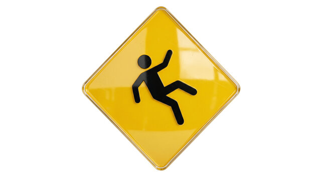 Yellow diamond shaped warning sign with slipping figure on transparent background
