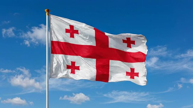 Georgian flag waving proudly against a clear blue sky with scattered clouds
