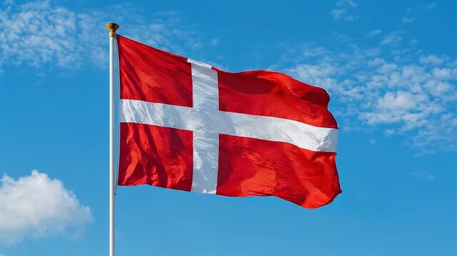 Danish flag waving proudly against a clear blue sky with scattered clouds