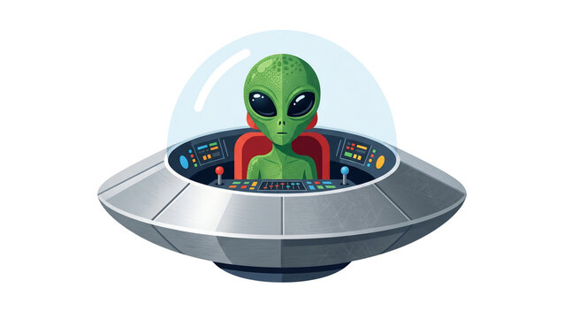 Green alien piloting a flying saucer vector illustration on transparent background