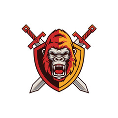 Naklejka premium Fierce ape face with crossed swords and shield emblem