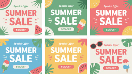 Naklejka premium Floral ornament summer sale vector illustrations with vibrant colors and text overlays pattern illustration tropical leaves watermelon slice orange coconut ice