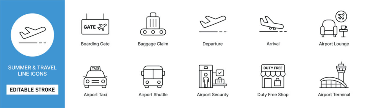 airport travel icon line style aviation transport editable stroke vector set