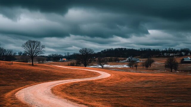 Countryside road winding toward storm under dark clouds in autumn Generative AI