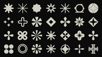 Geometric shapes collection light gray silhouettes on black background shape abstract form polygon symmetrical design radial symmetry star floral motif cross © Iconhub