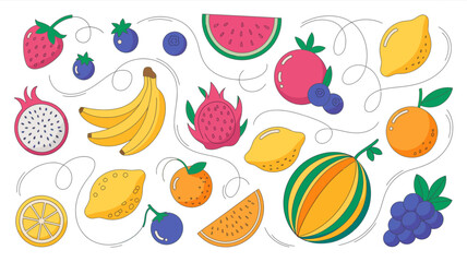 Collection of hand drawn fruits and berries colorful vector illustration on a white background fruit berry lemon orange banana watermelon strawberry © Iconhub