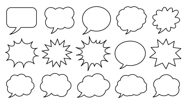 Collection Of Speech Bubble Shapes Black Line Art On White Background thought comic panel dialogue balloon conversation communication text box message