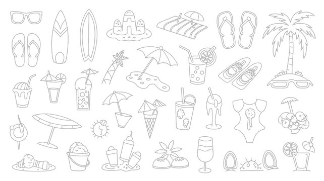 Collection Of Summer themed Line Drawings On A White Background beach accessories vacation tropical sunbathing holiday art black swimwear sunglasses flip flops
