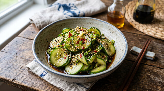 Asian pickled cucumber salad with sesame seeds soy sauce and chili in ceramic bowl
