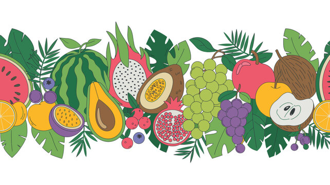 Tropical fruit and foliage seamless pattern on a white background fruits illustration botanical border watermelon dragonfruit papaya pineapple mango orange slice