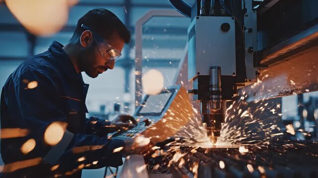 Industrial worker wearing safety glasses and protective clothing operating CNC machine with sparks flying during precise metal cutting process in modern factory environment